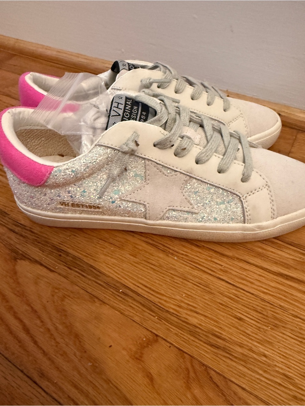 Vintage Havana White Glitter Sneakers with Pink Heel Accent